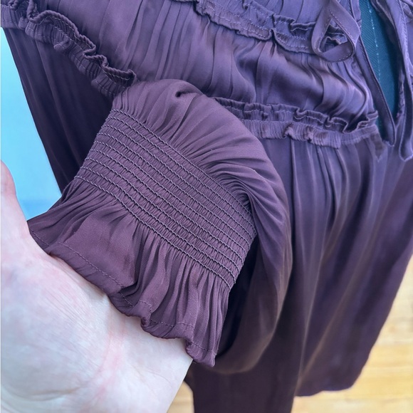 Talbots Top Burgundy Purple Satin Ruffle Neck Tie Front Blouse Long Sleeve SzXL - Picture 9 of 10